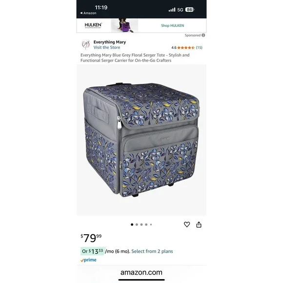 NWT Everything Mary blue grey floral Serger Tote carrier Crafter Sewing